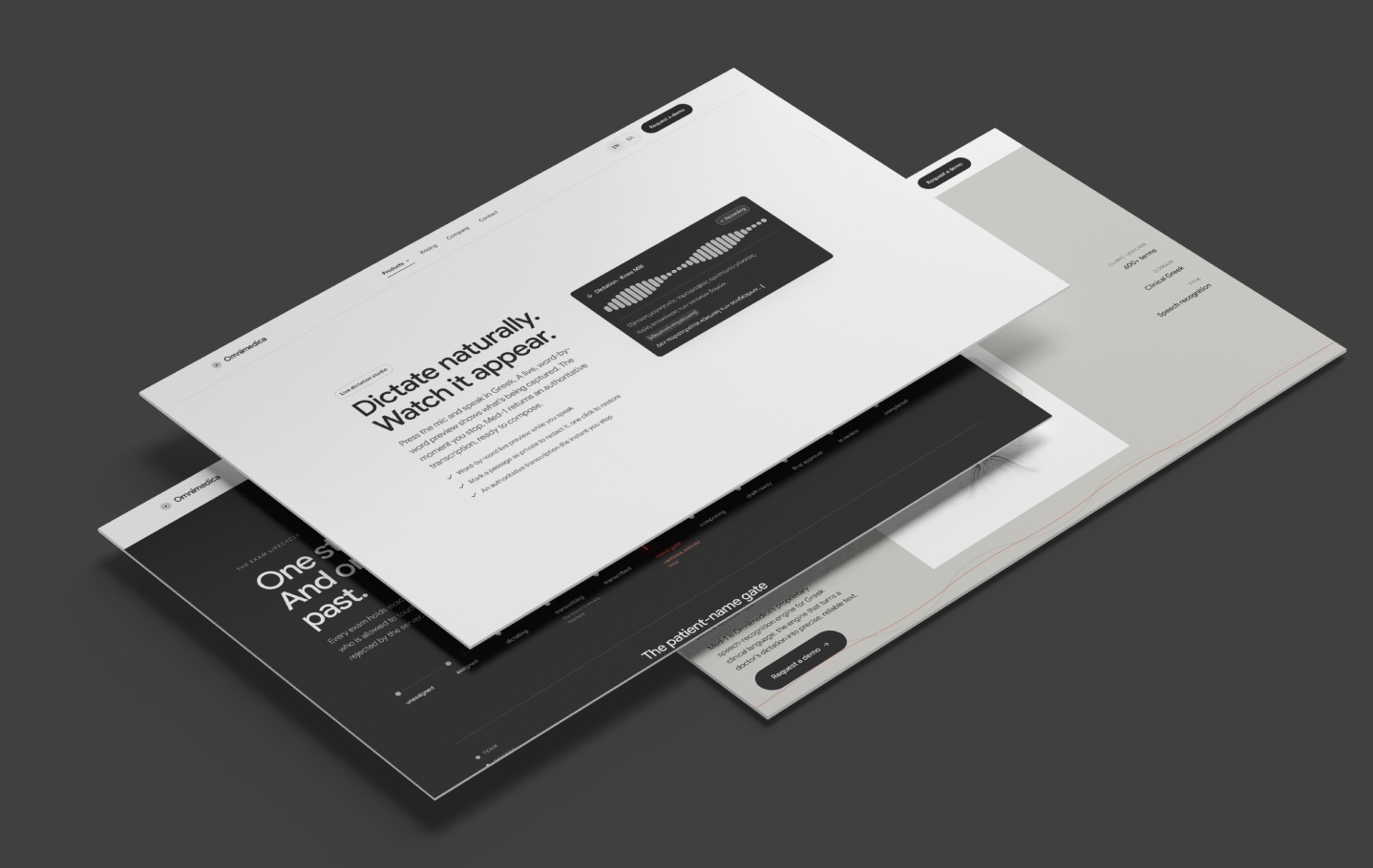 Omnimedica product website presented as layered screens explaining Greek medical dictation